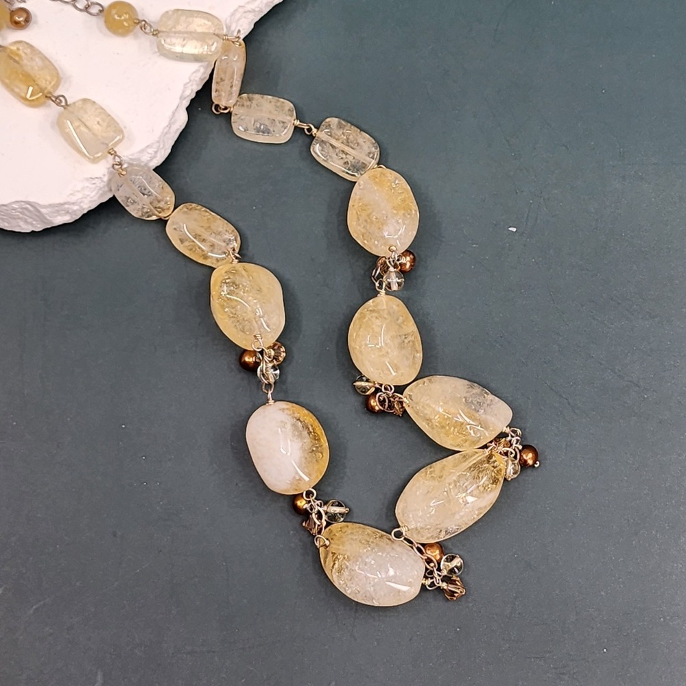Yellow Crackle Glass Statement Necklace Chunky Crystal Dangles Vintage Style